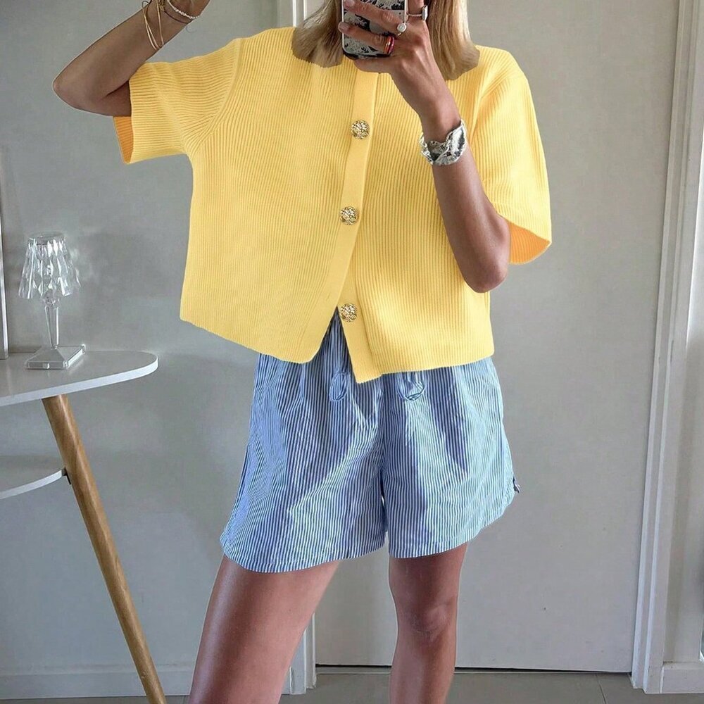 Yellow Casual Women's Plus Size Loose Knitted Short Slouchy Cardigan Top - Picture 2 of 8